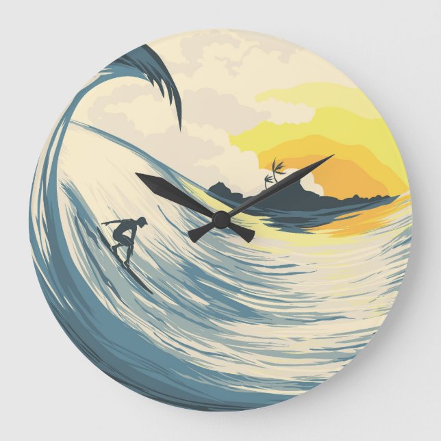 Tropical island, wave, surfer sunset. large clock (Front)
