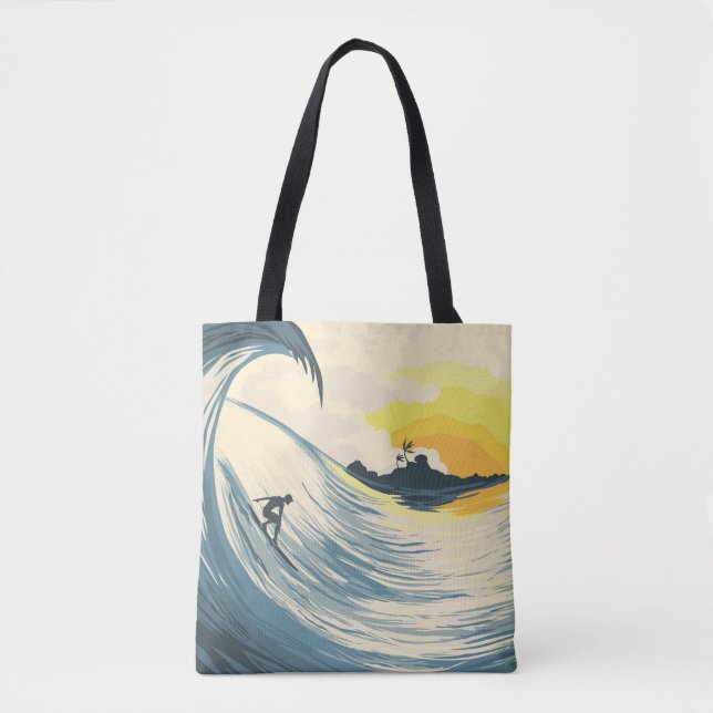 Tropical island, wave, surfer sunset. tote bag (Front)