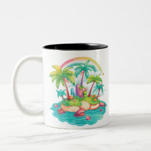 Tropical Island with Palm Trees and Rainbow Two-Tone Coffee Mug