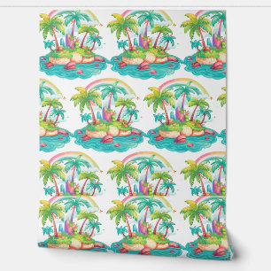 Tropical Island with Palm Trees and Rainbow Wallpaper