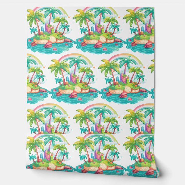 Tropical Island with Palm Trees and Rainbow Wallpaper (Unrolling)