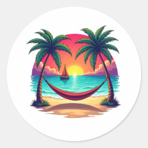Tropical Island with sunset Travel Illustration Classic Round Sticker