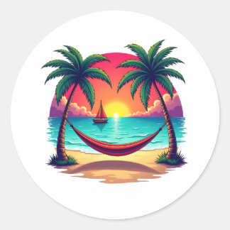 Tropical Island with sunset Travel Illustration Classic Round Sticker