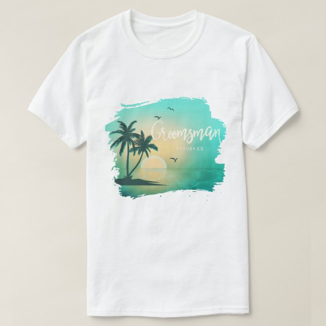 Tropical Isle Groomsman Teal ID581 T-Shirt (Design Front)