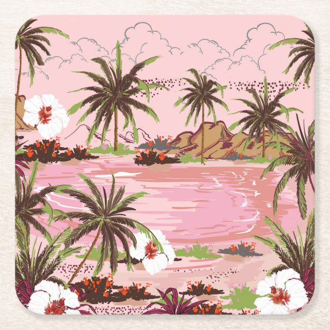 Tropical Isle Palms Plants and Pink Seas Square Paper Coaster (Front)