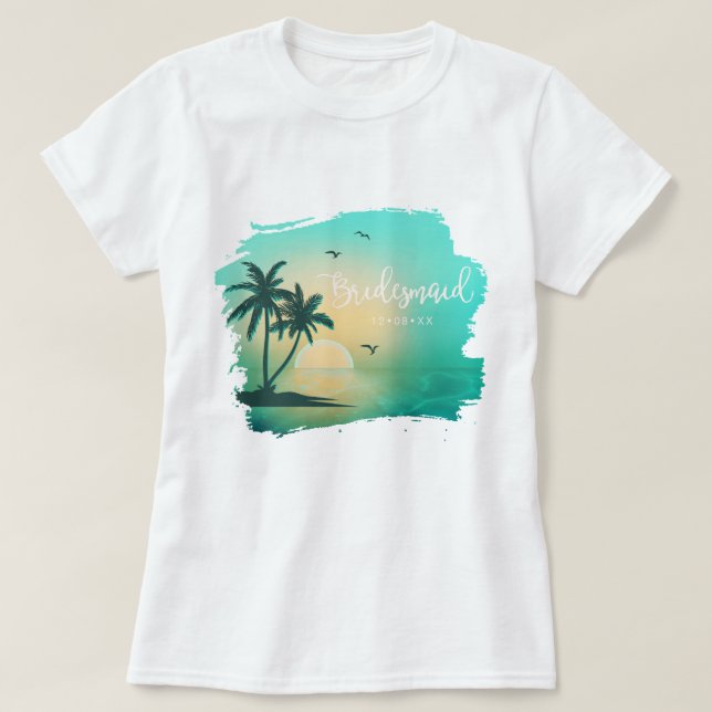 Tropical Isle Sunrise Bridesmaid Teal ID581 T-Shirt (Design Front)