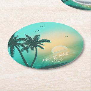Tropical Isle Sunrise Mr & Mrs Teal ID581 Round Paper Coaster