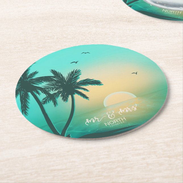 Tropical Isle Sunrise Mr & Mrs Teal ID581 Round Paper Coaster (Angled)