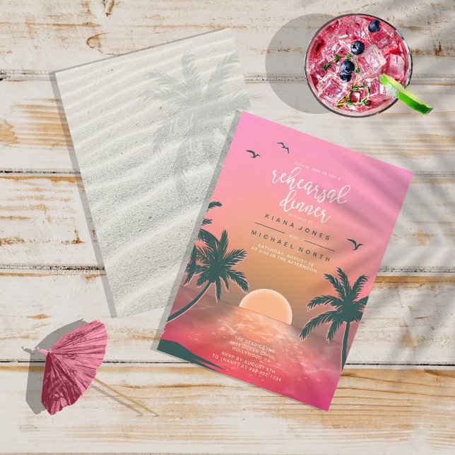 Tropical Isle Sunrise Rehearsal Dinner Pink ID581 Invitation (Front/Back In Situ)
