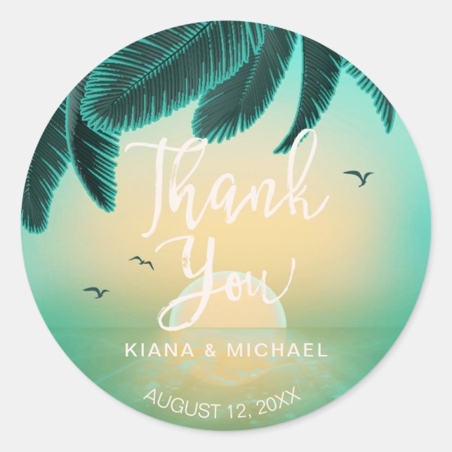 Tropical Isle Sunrise Thank You Teal ID581 Classic Round Sticker (Front)