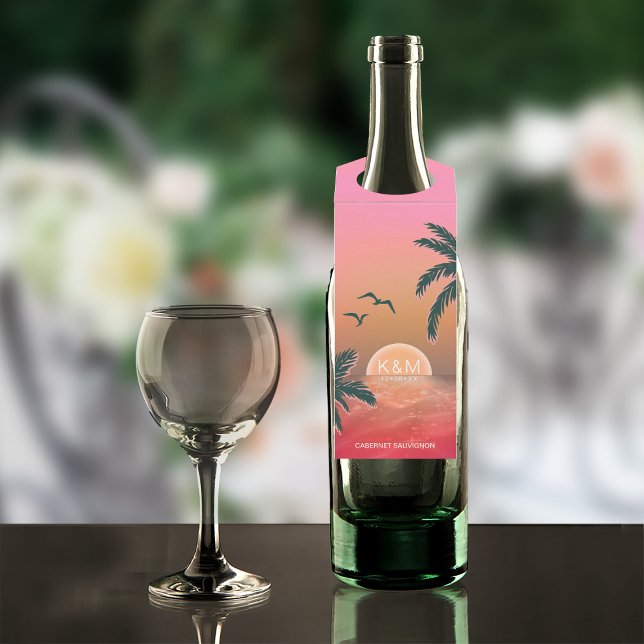 Tropical Isle Sunrise Wedding Pink ID581 Bottle Tag (Wine Bottle In Situ)