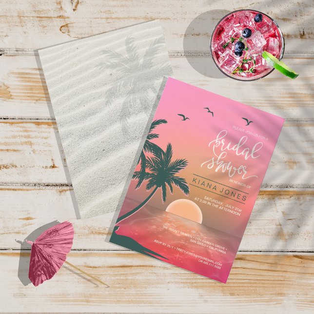 Tropical Isle Sunrise Wedding Pink ID581 Invitation (Front/Back In Situ)