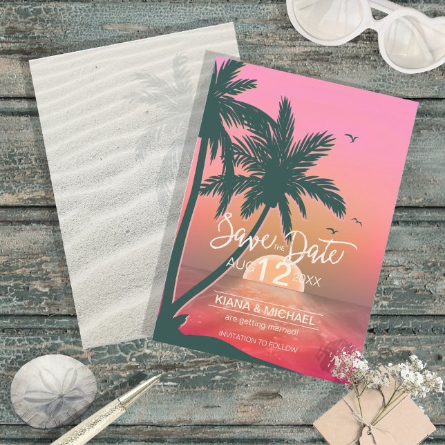 Tropical Isle Sunrise Wedding Pink ID581 Save The Date (Creator Uploaded)