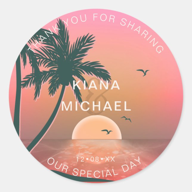 Tropical Isle Sunrise Wedding Thanks Pink ID581 Classic Round Sticker (Front)