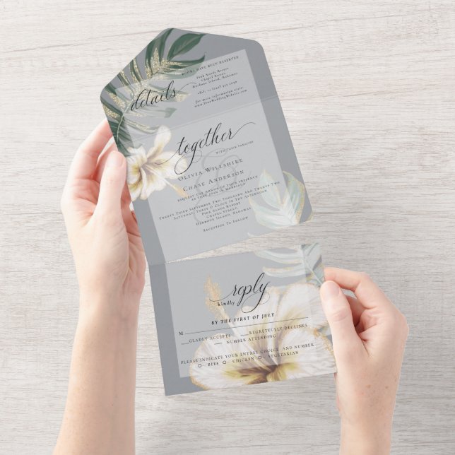 Tropical Ivory Yellow Hibiscus Foliage Wedding All In One Invitation (Tearaway)