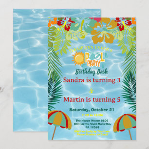 Tropical Joint Pool Party Birthday Bash for Kids Invitation