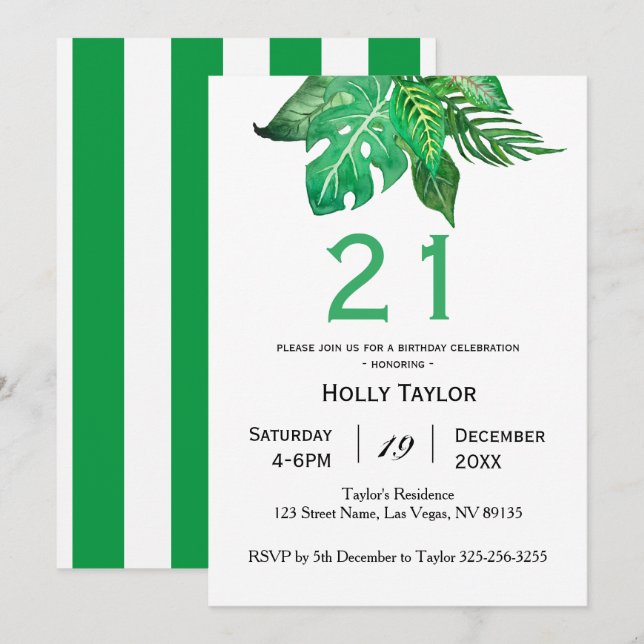 Tropical Jungle 21st Birthday Invitation (Front/Back)