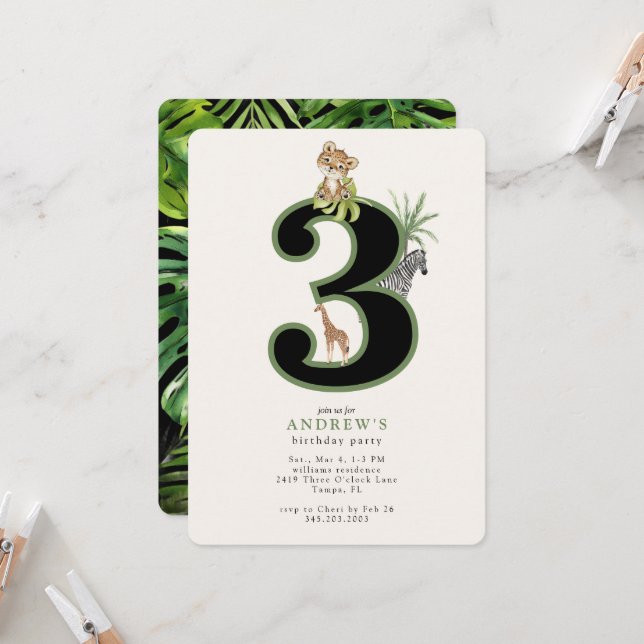 Tropical Jungle 3rd Birthday Animal Invitation (Front/Back In Situ)