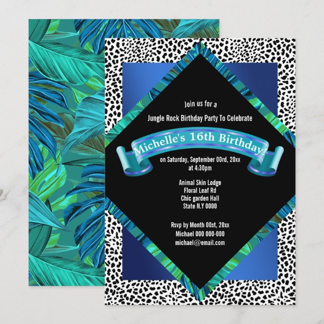 Tropical jungle animal print floral leaf birthday invitation (Front/Back)