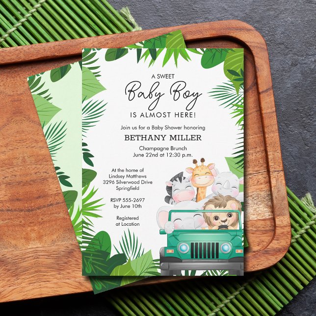 Tropical Jungle Animal Safari Boy Baby Shower Invitation (Jungle safari baby shower invitations)
