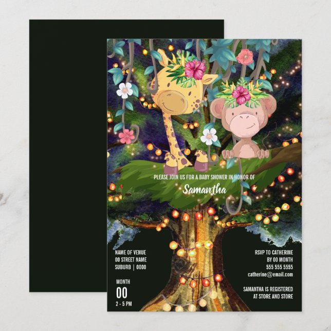 Tropical jungle animals night lights giraffe ape invitation (Front/Back)