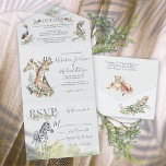 Tropical Jungle Animals Wedding All In One Invitation<br><div class="desc">Elegant Tropical Jungle Wedding invitations with exotic watercolor ferns, flowers ad animals against a light faux textured background. Features giraffes, zebra, lion, elephant, leopard or cheetah. These all in one invitations that come with, details info and a RSVP postcard that your guests tear off and and send. Envelopes are not...</div>