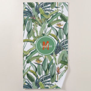 Tropical Jungle Banana Tree Strelitzia Monogram Beach Towel