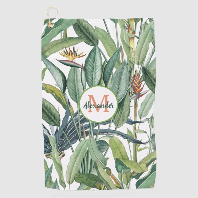Tropical Jungle Banana Tree Strelitzia Monogram Golf Towel (Front)