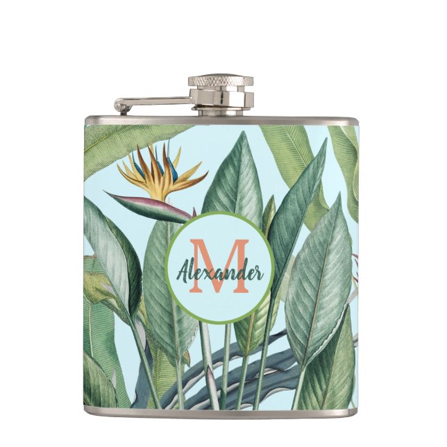 Tropical Jungle Banana Tree Strelitzia Monogram Hip Flask (Front)
