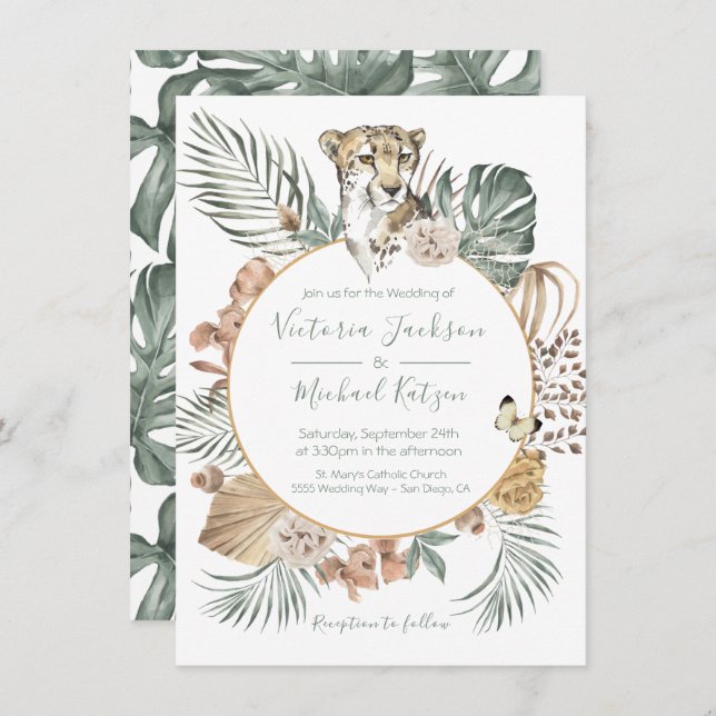 Tropical Jungle Cheetah Palm Wreath Wedding Invitation (Front/Back)