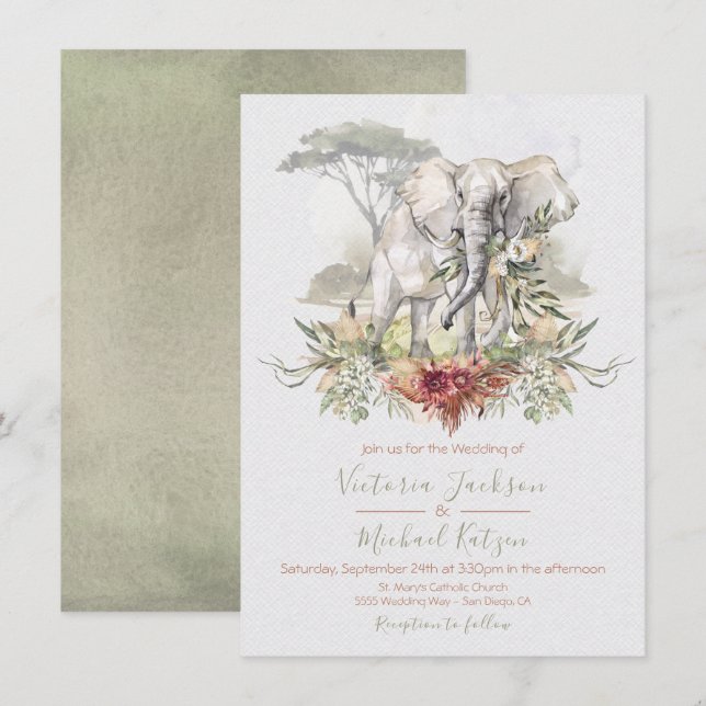 Tropical Jungle Elephant Wedding invitations (Front/Back)