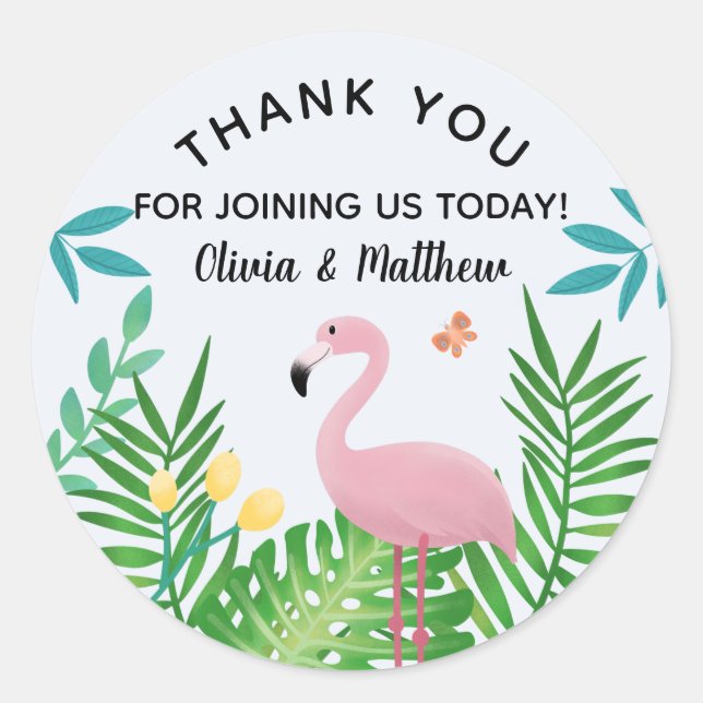 Tropical Jungle Flamingo Baby Shower Thank You Classic Round Sticker (Front)