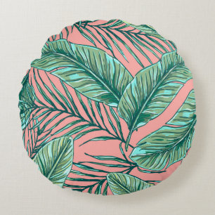 Tropical Jungle Floral: Palm Leaves Pattern Round Cushion
