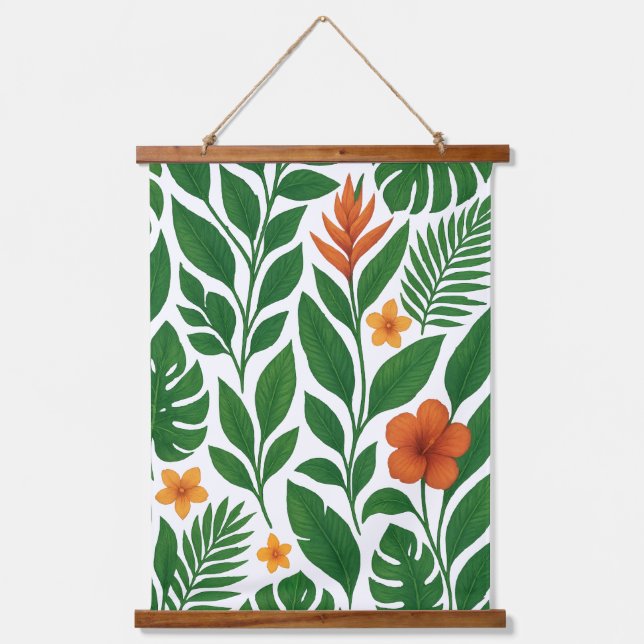 "Tropical Jungle Floral Pattern – Green & Orange" Hanging Tapestry (Front)