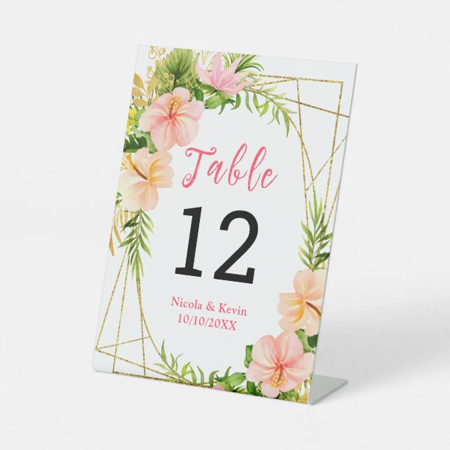 Tropical Jungle Floral Wedding Table Number Pedestal Sign (Front)