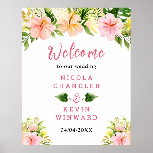 Tropical Jungle Floral Wedding Welcome Sign (Front)