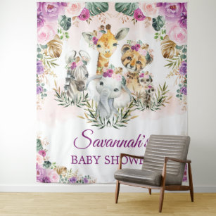 Tropical Jungle Floral Wild Animals Baby Shower Tapestry