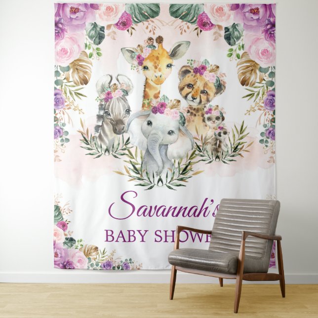 Tropical Jungle Floral Wild Animals Baby Shower Tapestry (In Situ)