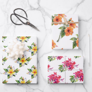 Tropical jungle flowers hibiscus frangipani  wrapping paper sheet
