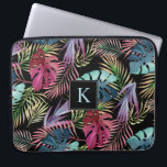 Tropical Jungle Foliage Botanical Pattern Laptop Sleeve<br><div class="desc">Lush foliage in bright watercolor shades of blue,  fuchsia,  purple and green form a vibrant free-form pattern in this tropical design. The black background may be changed to any other colour by choosing "customise it" and selecting a different background colour. Edit the sample monogram with your initial.</div>