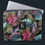 Tropical Jungle Foliage Botanical Pattern Laptop Sleeve<br><div class="desc">Lush foliage in bright watercolor shades of blue,  fuchsia,  purple and green form a vibrant free-form pattern in this tropical design. The black background may be changed to any other colour by choosing "customise it" and selecting a different background colour. Edit the sample monogram with your initial.</div>