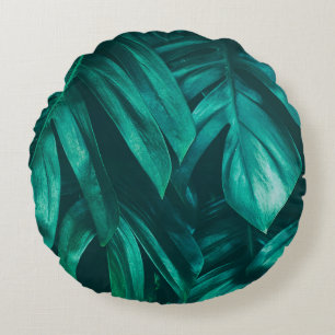 tropical jungle foliage,  dark green leaf nature b round cushion