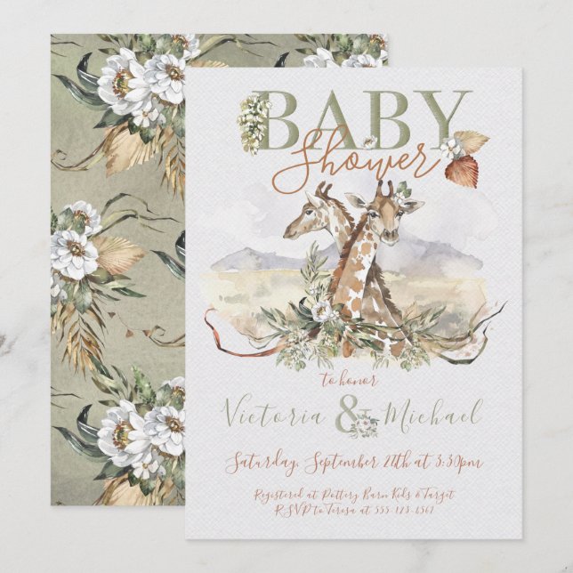 Tropical Jungle Giraffe Baby Shower invitations (Front/Back)