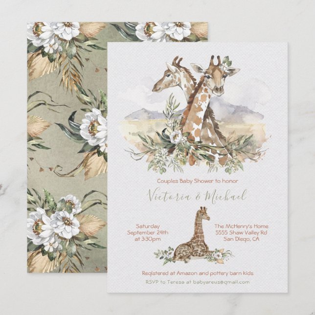 Tropical Jungle Giraffe Baby Shower invitations (Front/Back)
