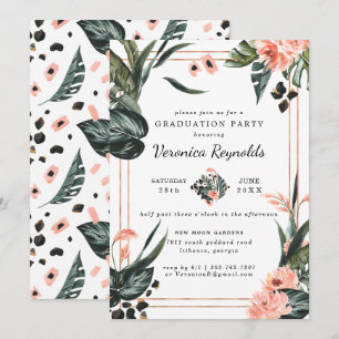 Tropical Jungle Greenery   Pink Floral Graduation Invitation