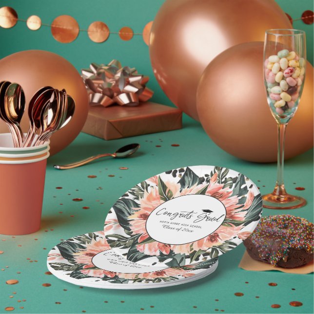 Tropical Jungle Greenery | Pink Floral Graduation Paper Plate (Multi)