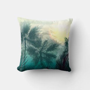 Tropical jungle landscape with palm trees and leaf cushion