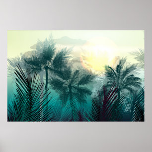 Tropical jungle landscape with palm trees and leaf poster