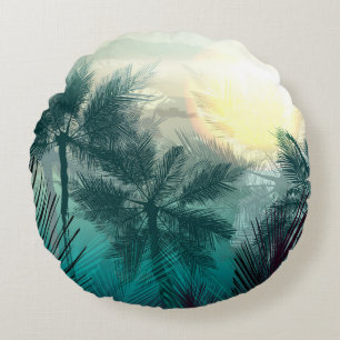 Tropical jungle landscape with palm trees and leaf round cushion