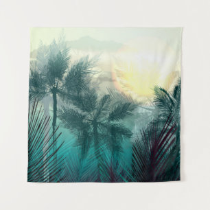 Tropical jungle landscape with palm trees and leaf tapestry